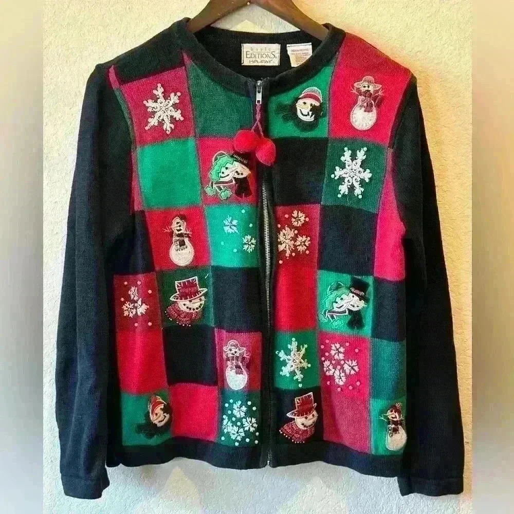 VTG‎ Basic Editions Women’s Size M Snowman Patchwork Christmas Zip Up Sweater